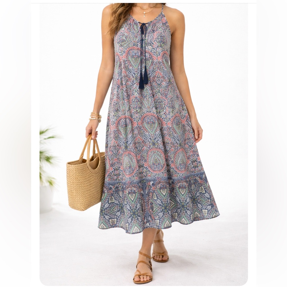 Nicole Miller Studio Boho Paisley Midi Dress Tassel Tie Sleeveless Size 4